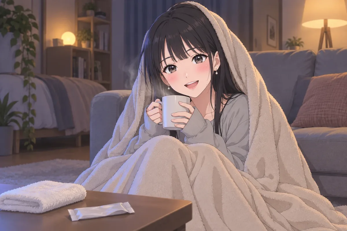 肌寒い夜、ブランケットにくるまってマグを両手で持つ伊緒