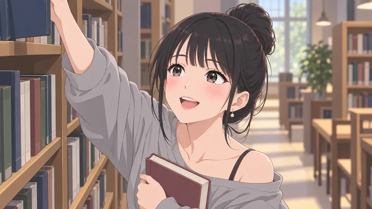 本棚の高い段に手を伸ばして、資料を探す伊緒