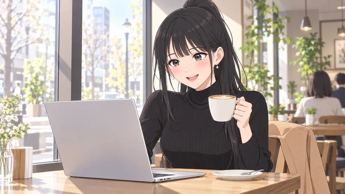 カフェでノートパソコンを開いて、コーヒーを飲む伊緒