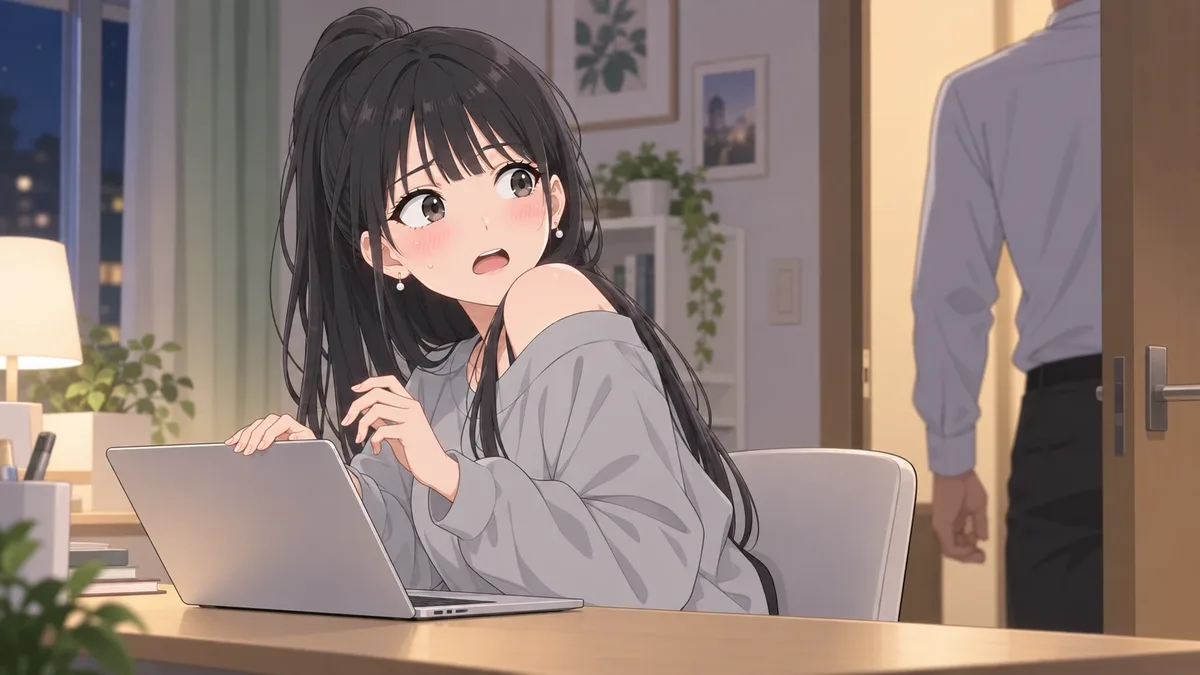 画面を見ていたところに声をかけられて、あわてる伊緒