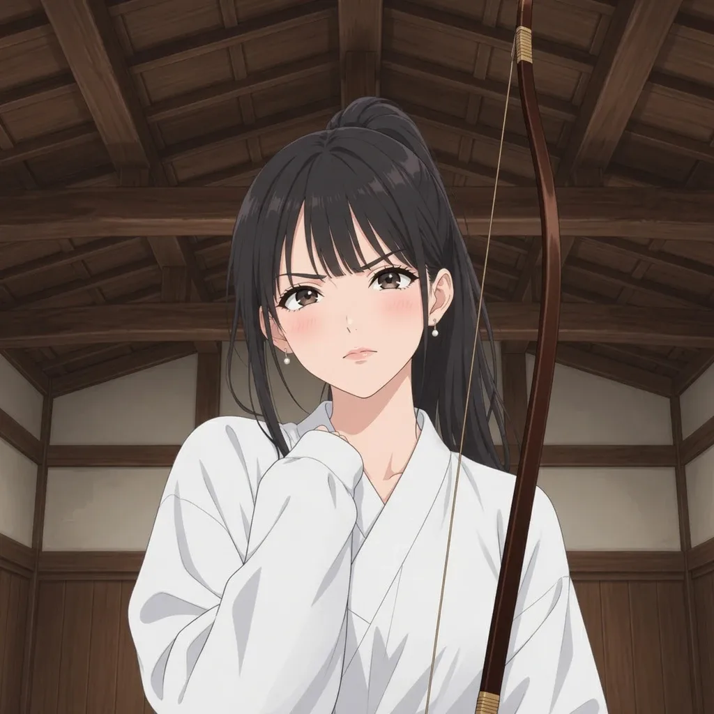 道場の屋根の下で、弓を持ったまま頬を赤くして考えごとをする伊緒