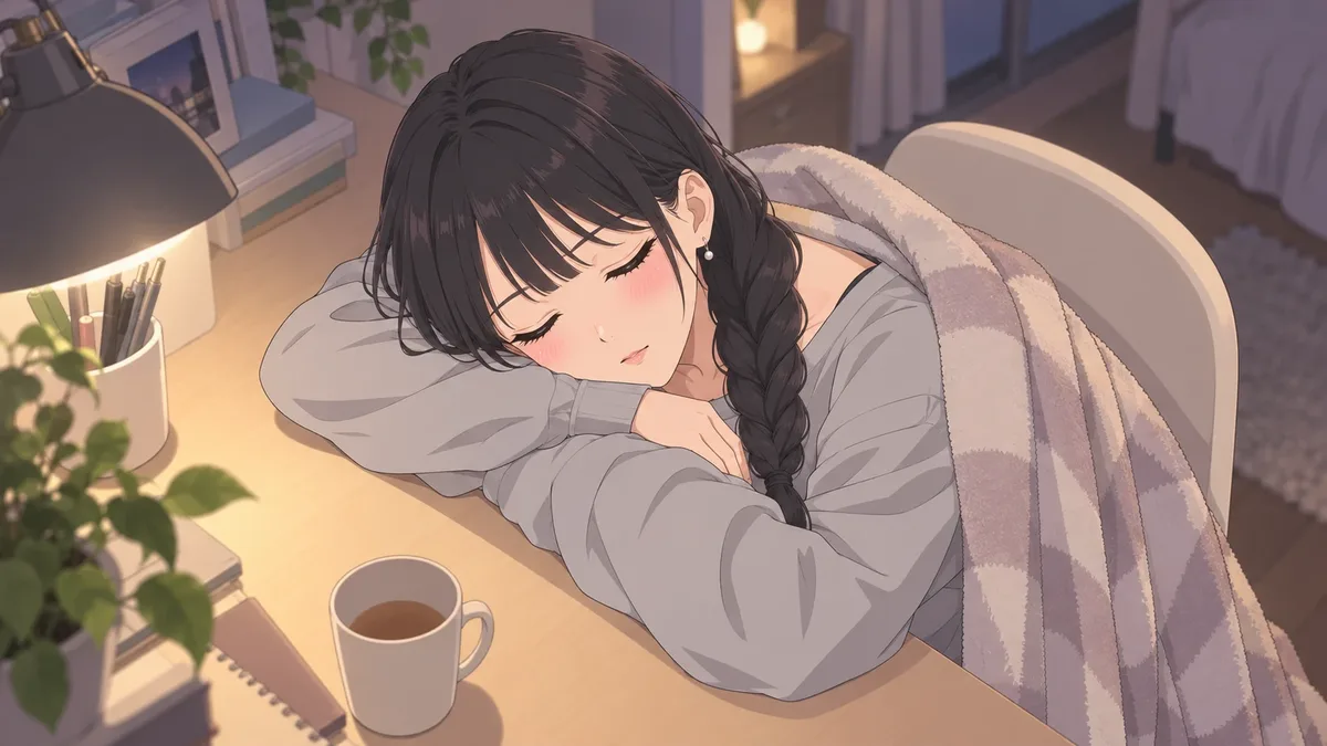 机に突っ伏して、うたた寝する伊緒