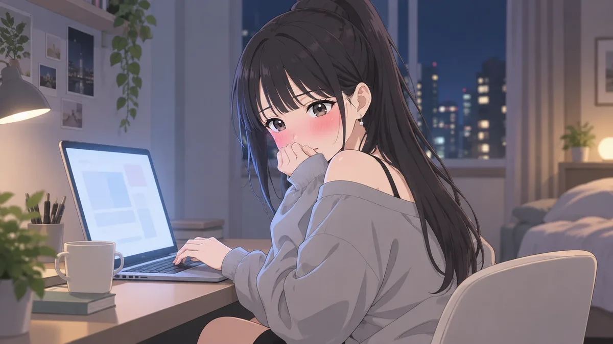 夜の部屋で、照れながらノートパソコンに向かう伊緒