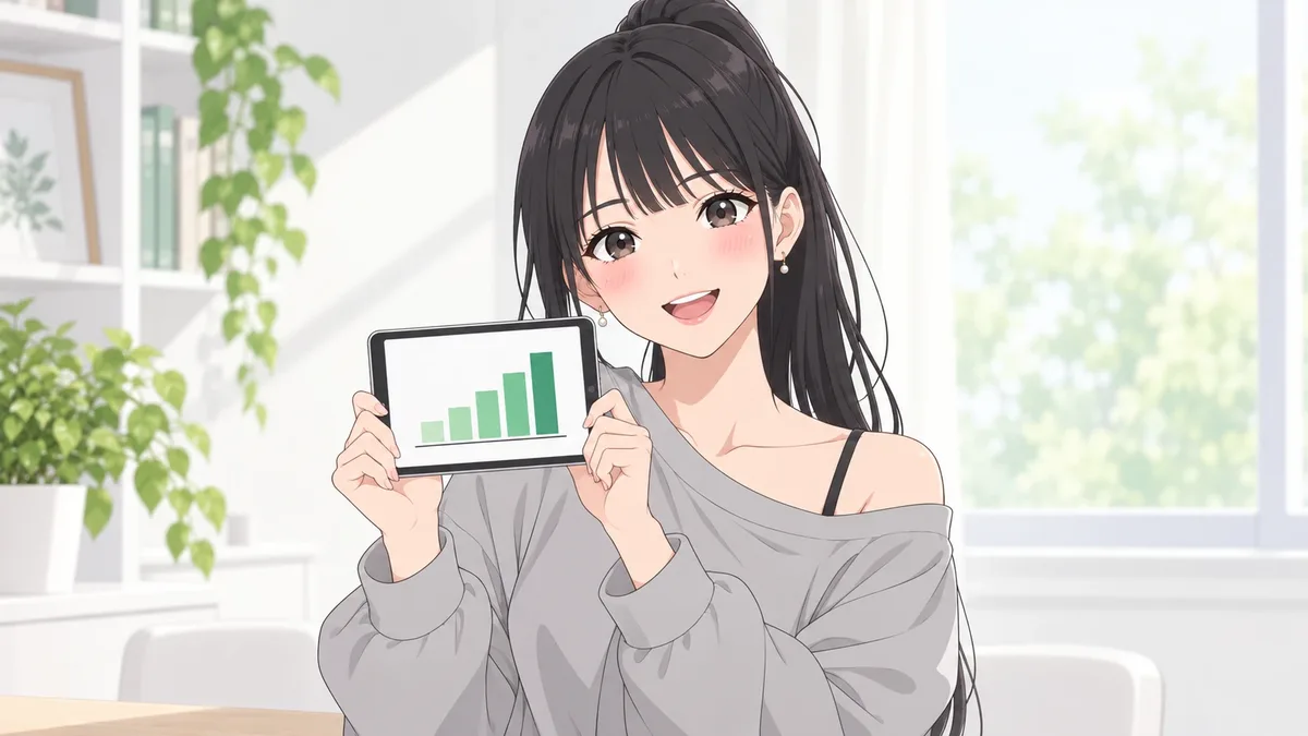 数字の伸びたグラフをタブレットで見せる伊緒