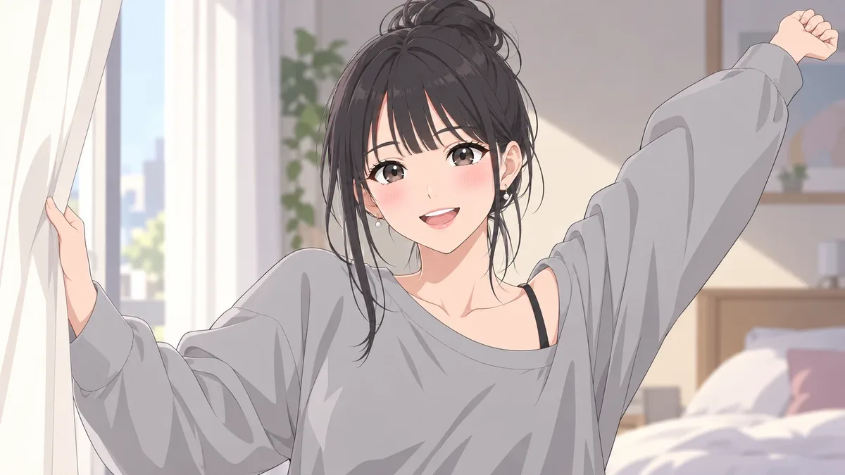 朝の窓辺で、大きく伸びをする伊緒