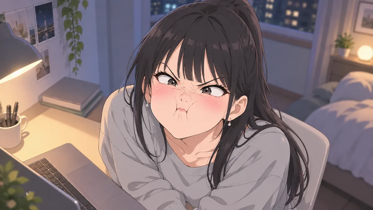 机の前で、頬をふくらませる伊緒