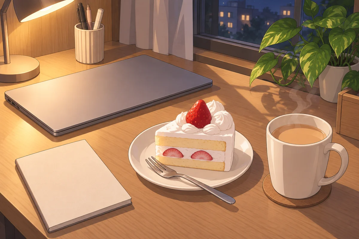 机の上のいちごのショートケーキとミルクティー