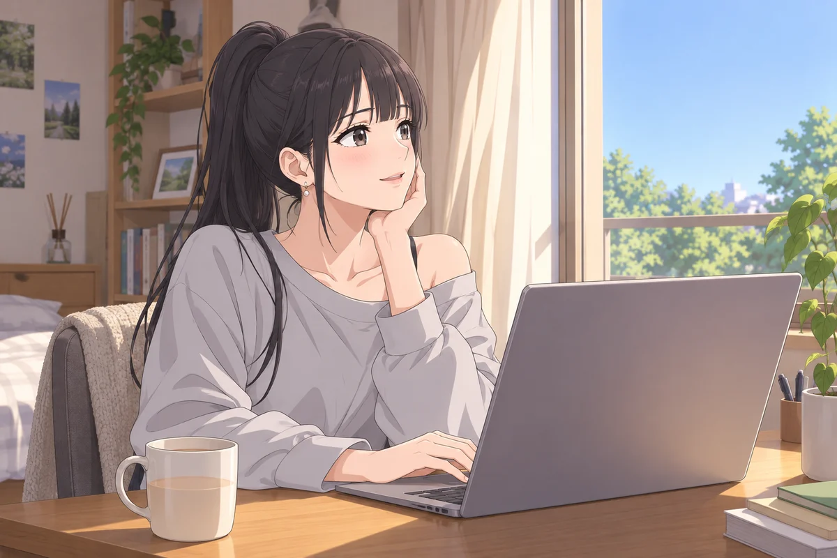 晴れた祝日の昼、パソコンの前から窓の外を見る伊緒