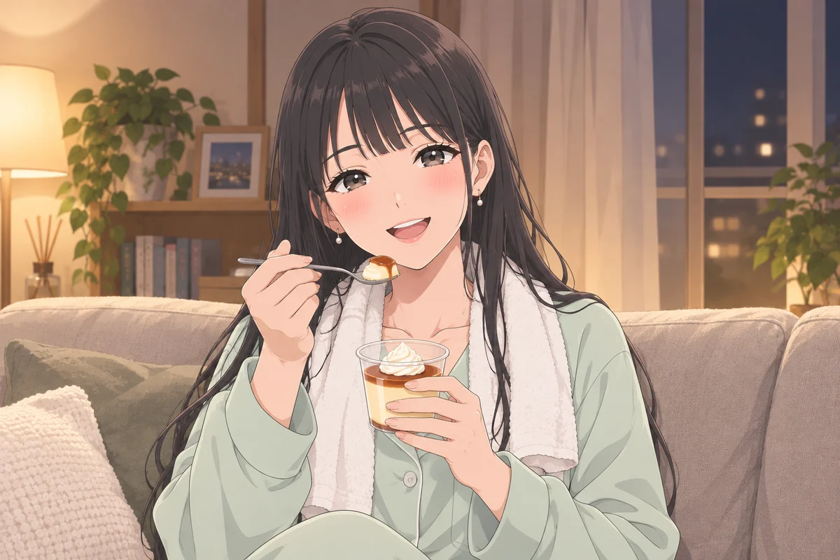 お風呂上がりに、ソファでプリンを食べる伊緒