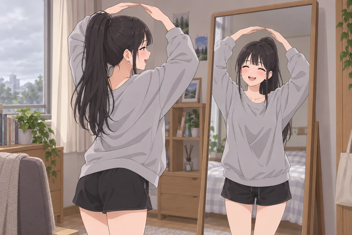 姿見の前で、両腕で○を作って笑う伊緒