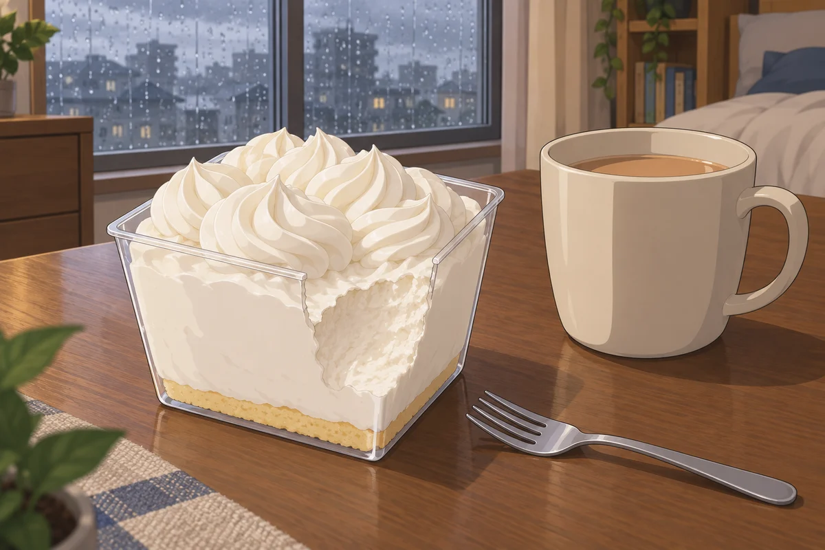 雨の窓辺で、クリームがたっぷりのったケーキ