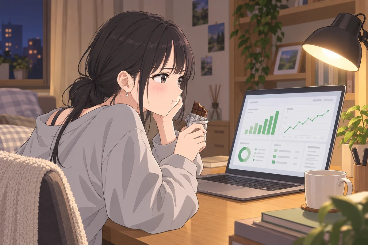 パソコンの解析画面を見ながら、板チョコを持ってむっとする伊緒