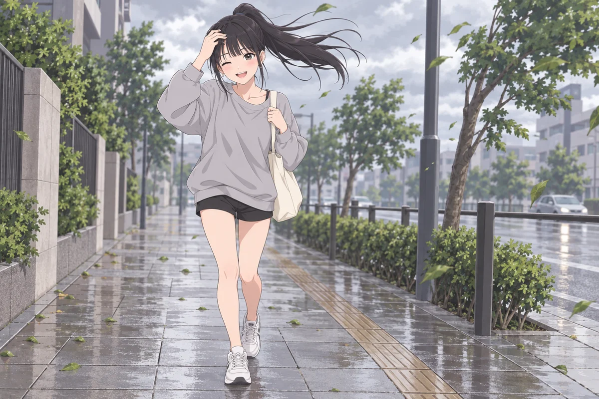 風の強い歩道で、前髪を押さえて笑う伊緒