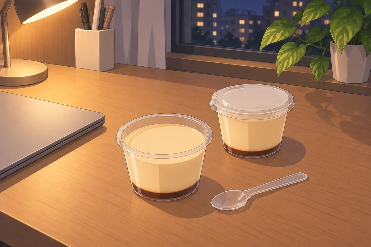 夜の机の上の、ふたを開けたプリンと、まだ閉じたままのもう1個のプリン