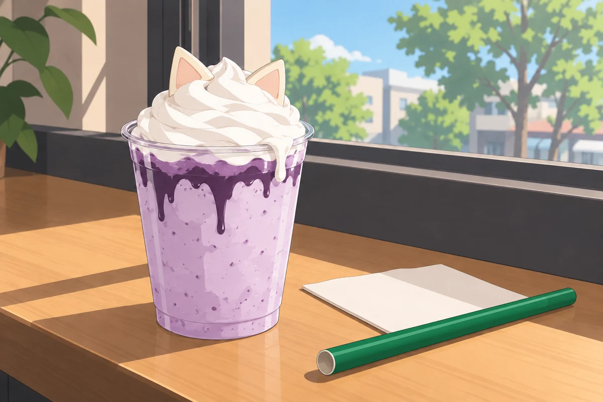 カフェの窓ぎわのカウンターに置いた、白い猫耳のチョコが乗った紫色のフラペチーノと、緑の紙ストロー。ホイップが少し溶けてカップのふちに垂れている