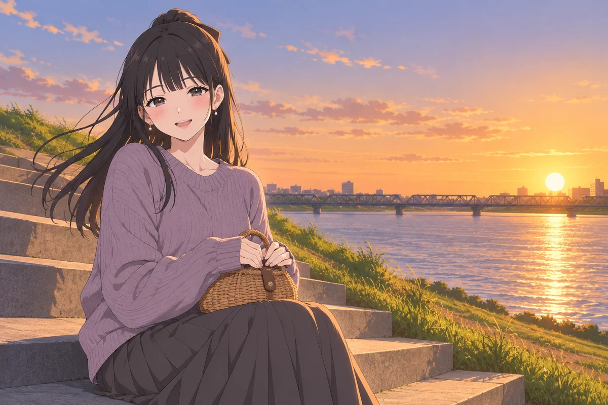 夕日の沈む川ぞいの土手の階段に座り、かごのバッグをひざに乗せて、風に髪をなびかせて笑う伊緒