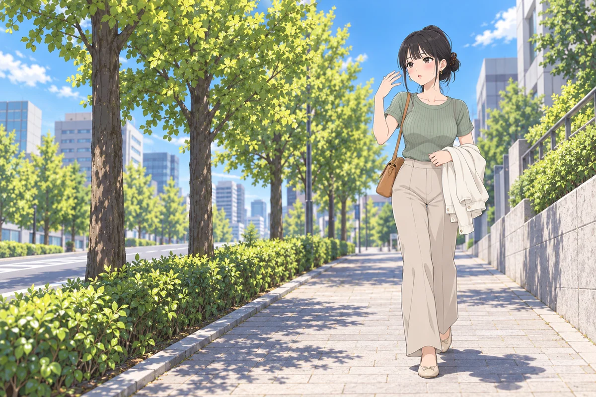 晴れた昼のオフィス街の並木道で、脱いだカーディガンを抱え、顔の横で手をひらひらさせる伊緒
