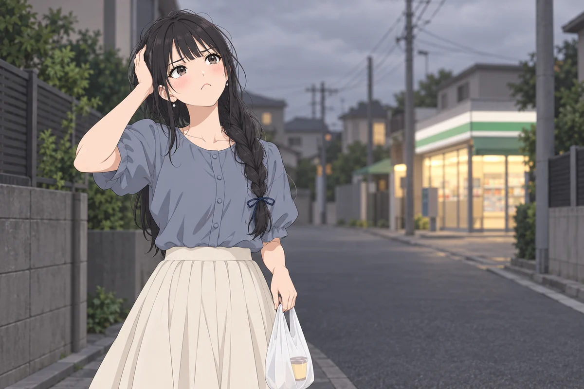 くもりの夕方、コンビニ帰りの道で、湿気でふくらんだ三つ編みの髪を手で押さえて空をにらむ伊緒
