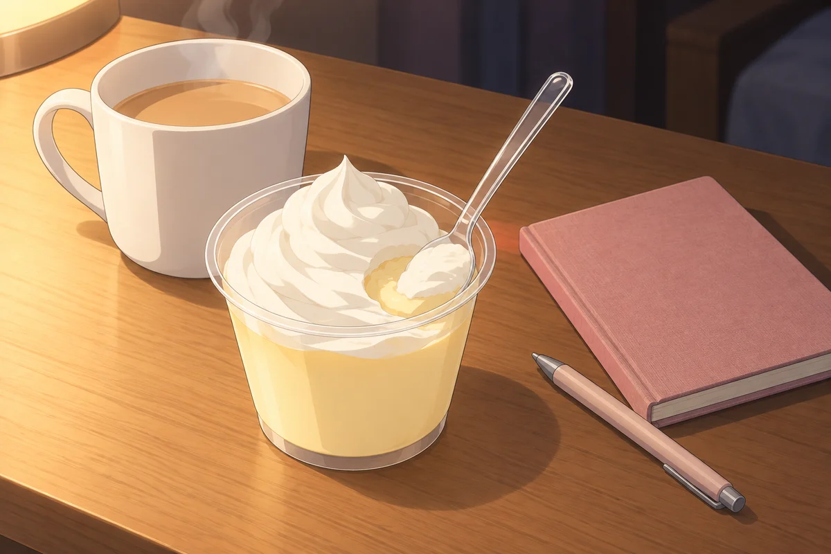 夜の机の上の、ホイップクリームが山のように盛られたとろけるプリンと、刺さったスプーン、閉じた手帳とペン、白いマグ