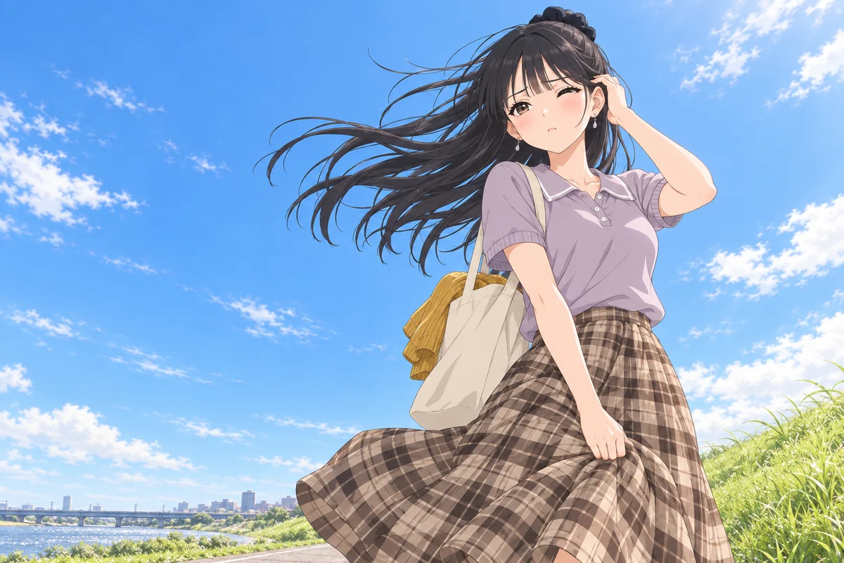 晴れて風の強い午後、川沿いの土手の上で、片目をつぶって風になびく髪を押さえ、もう片方の手でチェックのロングスカートを押さえる伊緒