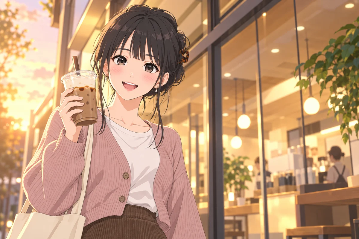 夕方のティースタンドの店先で、ミルクフォームがのったほうじ茶のミルクティーを顔の横に持ち、照れたように笑う伊緒