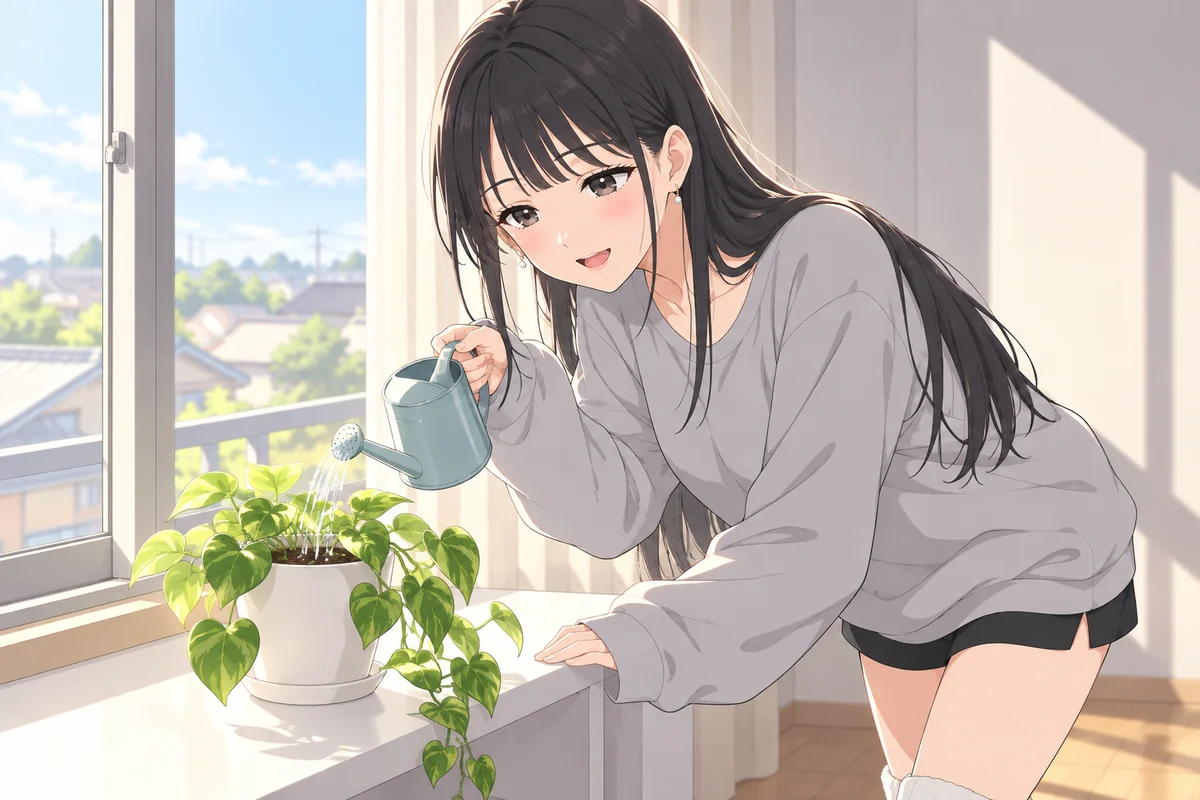 晴れた朝の窓辺で、グレーのスウェットを着た伊緒が、水色の小さなじょうろでポトスの鉢に水をあげている
