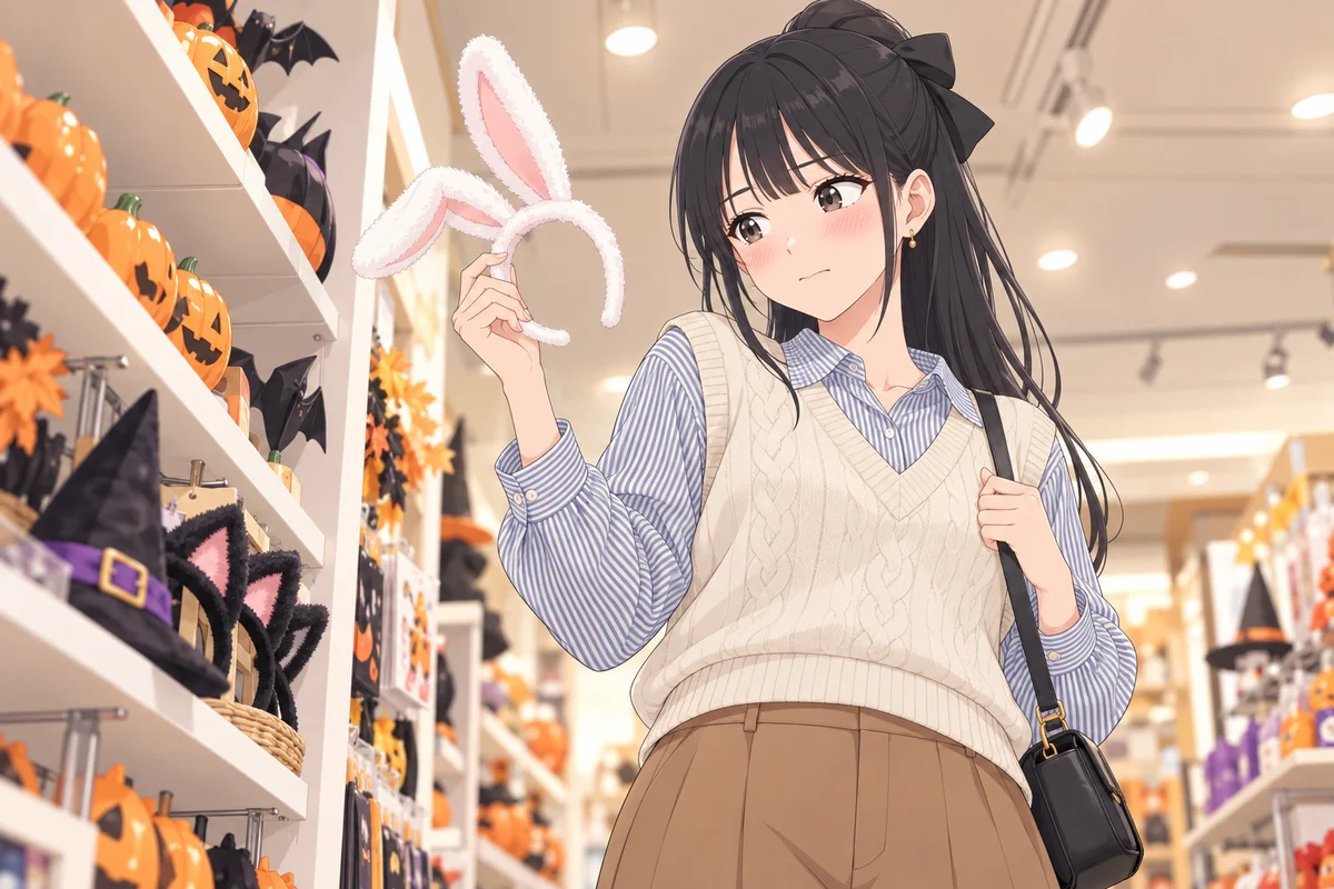 雑貨屋のハロウィンの売り場で、白いうさ耳のカチューシャを持ち上げたまま、赤い顔で手を止める伊緒