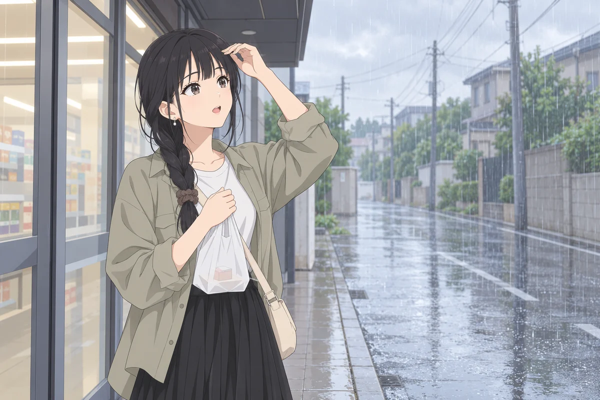 にわか雨の午後、カーキのシャツジャケットに三つ編みの伊緒が、店の軒下でレジ袋を胸の前でつかみ、前髪を押さえて雨を見上げている
