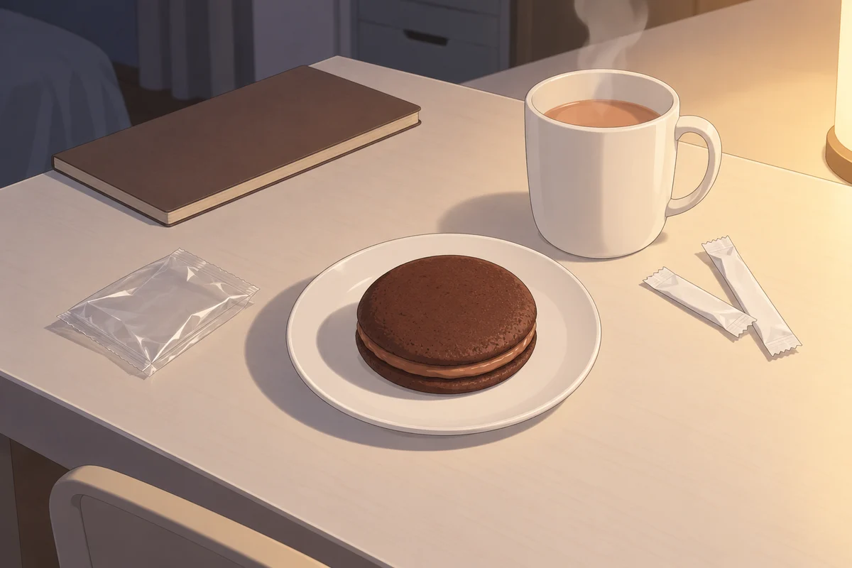 夜の机の上の白い皿にのった、チョコレート色のどらやきの形のお菓子と、奥で湯気の立つミルクティーのマグ