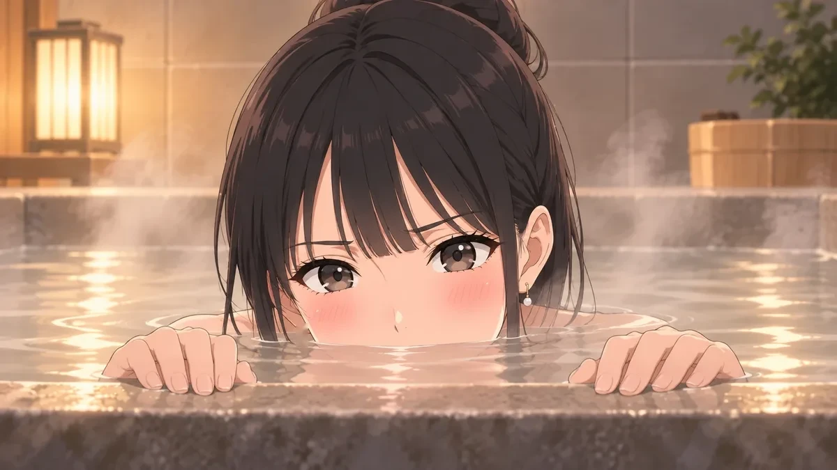 湯船に口元まで沈んで、目だけ出す伊緒