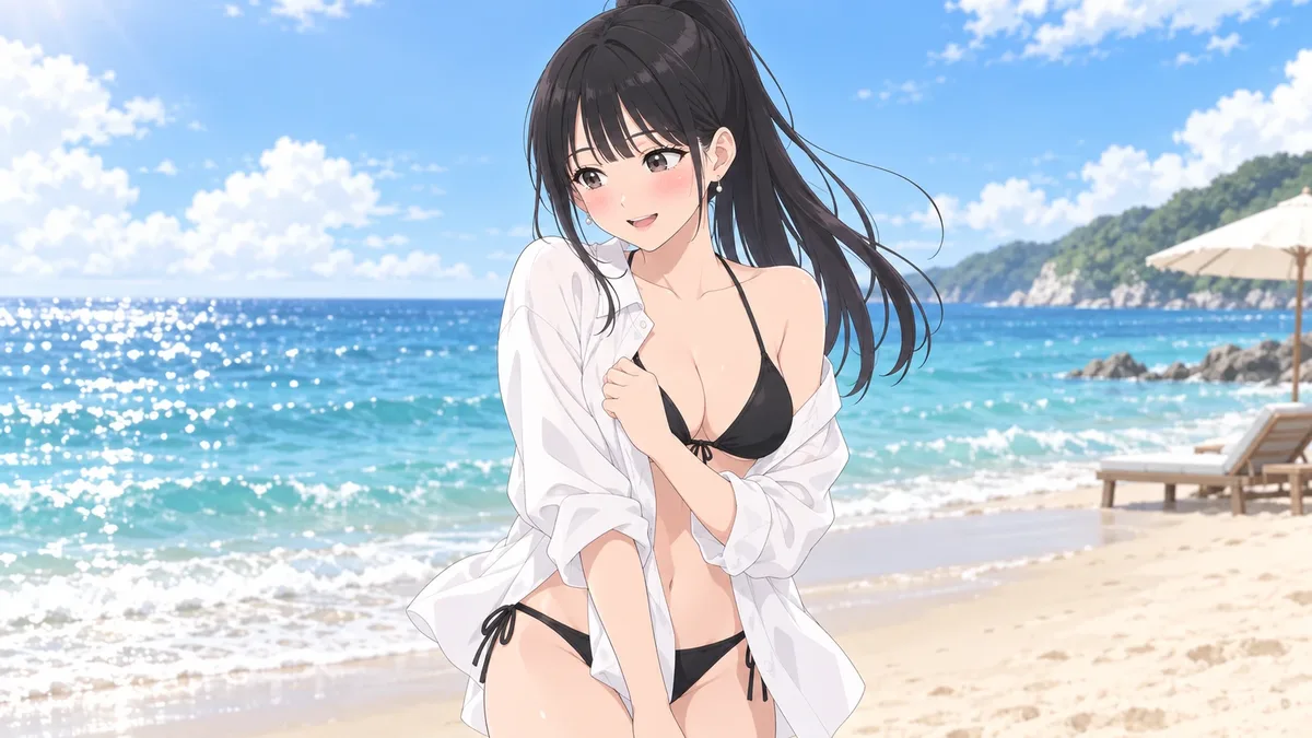海辺で、黒いビキニに白いシャツを羽織って照れる伊緒