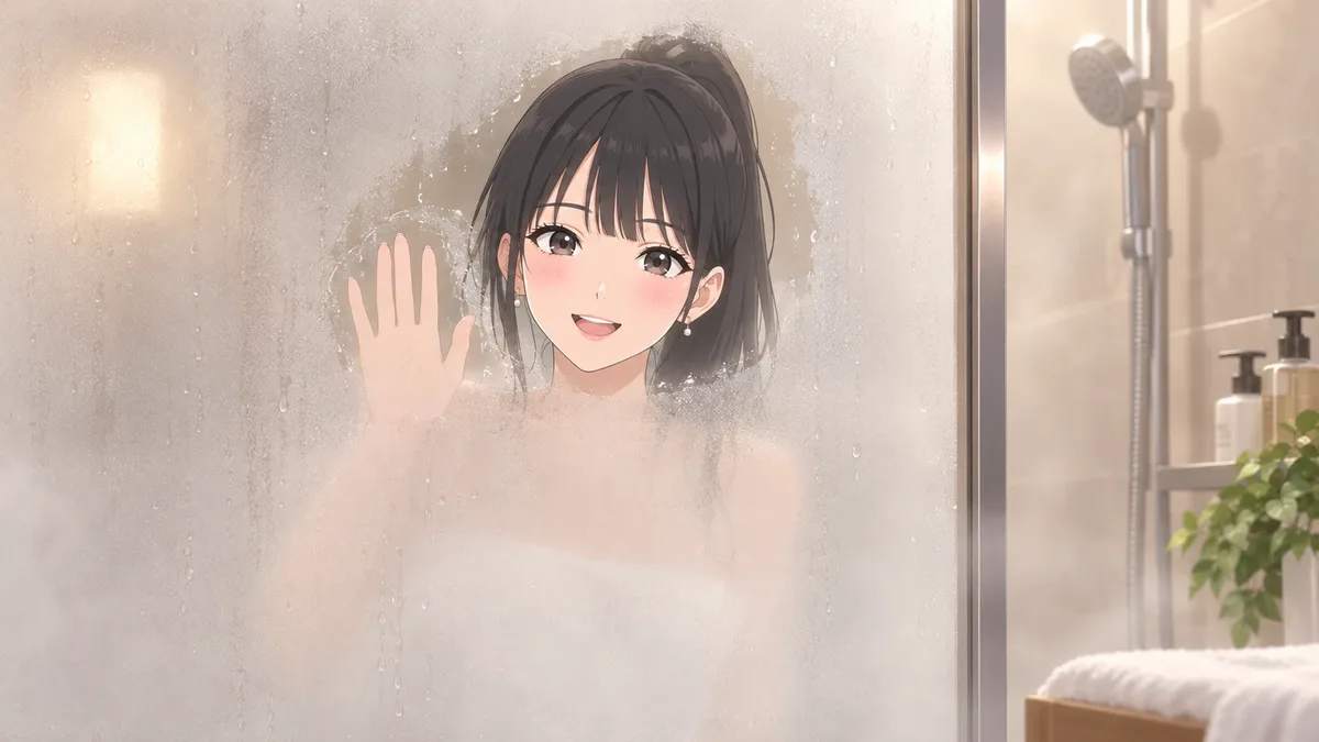 曇ったガラスをぬぐって、顔だけのぞかせる伊緒