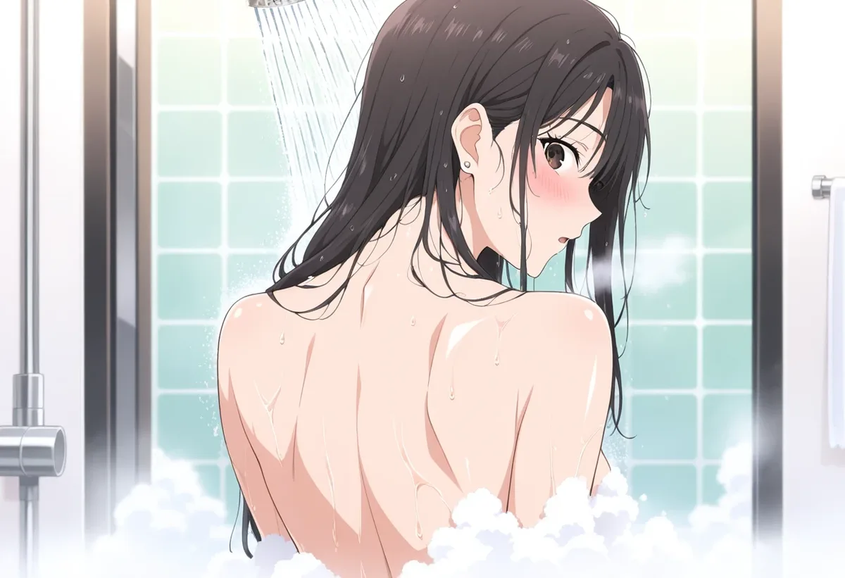 シャワーの中で、濡れた髪のまま振り返る伊緒