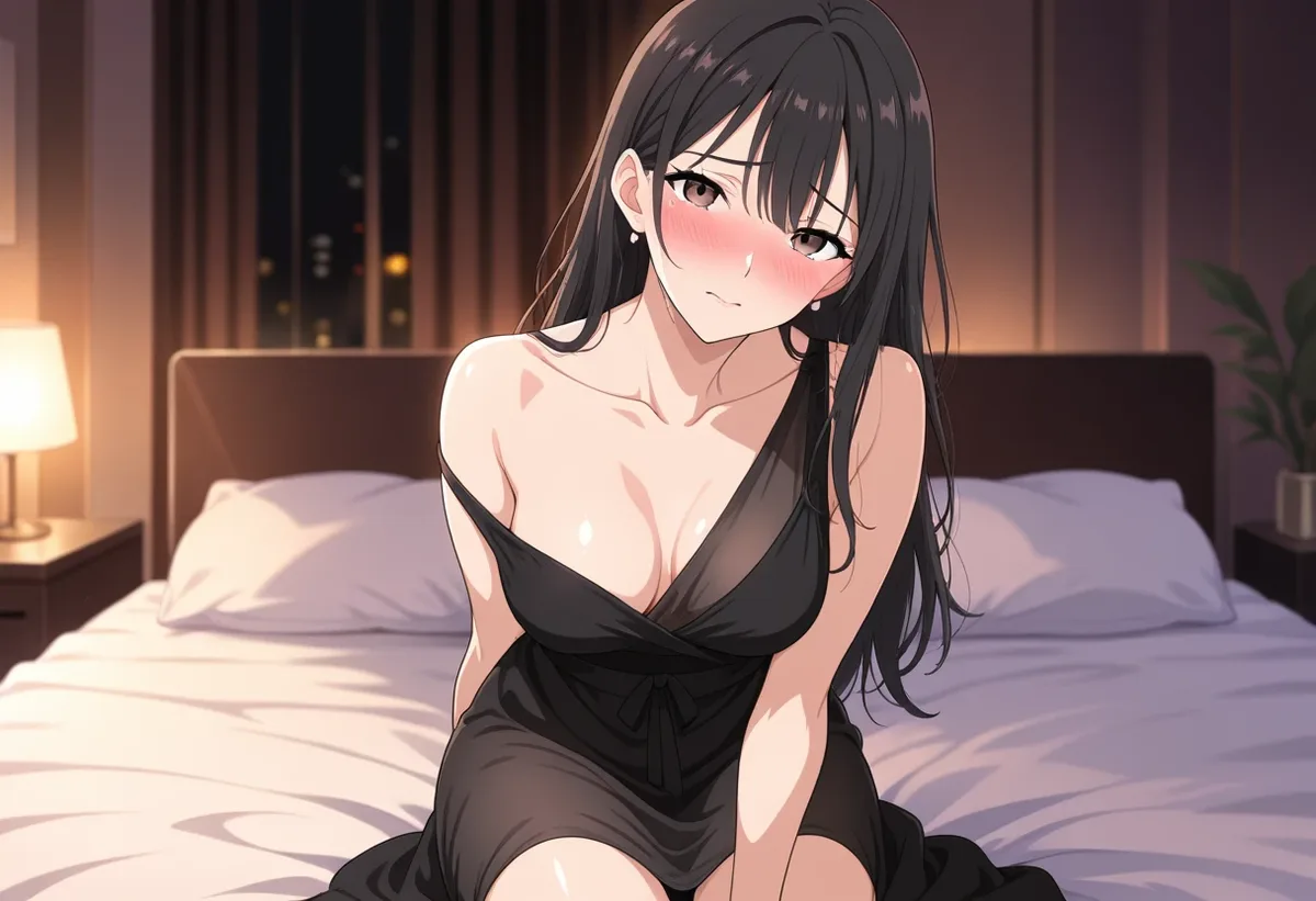 ベッドの上で、黒いスリップのまま上目づかいの伊緒