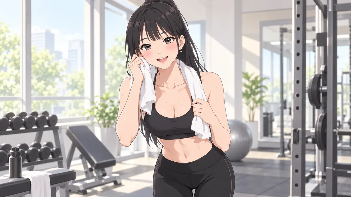 トレーニングのあと、汗をぬぐって照れ笑いする伊緒