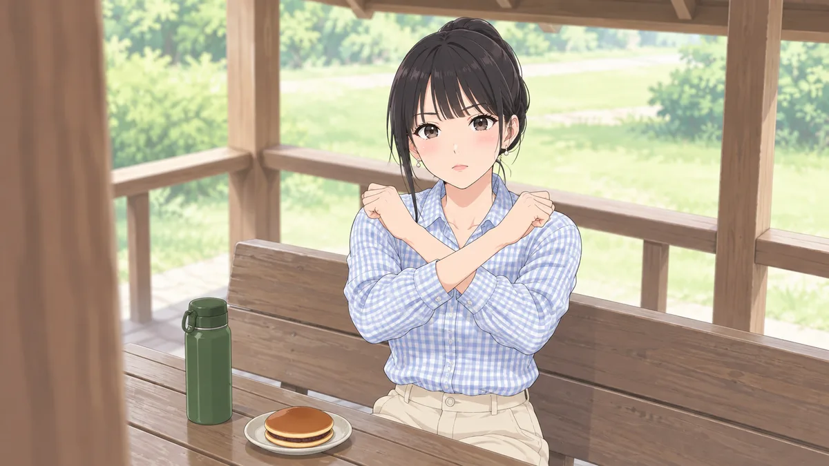 曇りの昼、公園の東屋のテーブルで、伊緒が両腕を胸の前で交差させて×を作り、載せられないものをきっぱり伝えている