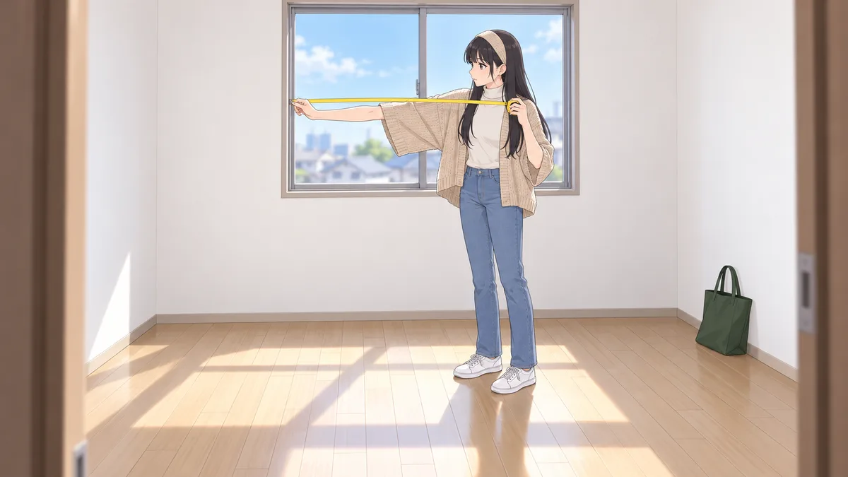 午前、家具の無い内見の空き部屋で、伊緒が契約の前に窓の幅をメジャーで測って確かめている