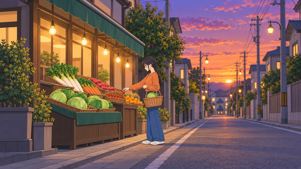 夕方の八百屋の店先で、伊緒が大きなキャベツを入れた買い物かごを腕に下げたまま、台に盛られたミニトマトを1つつまんで足そうとしている