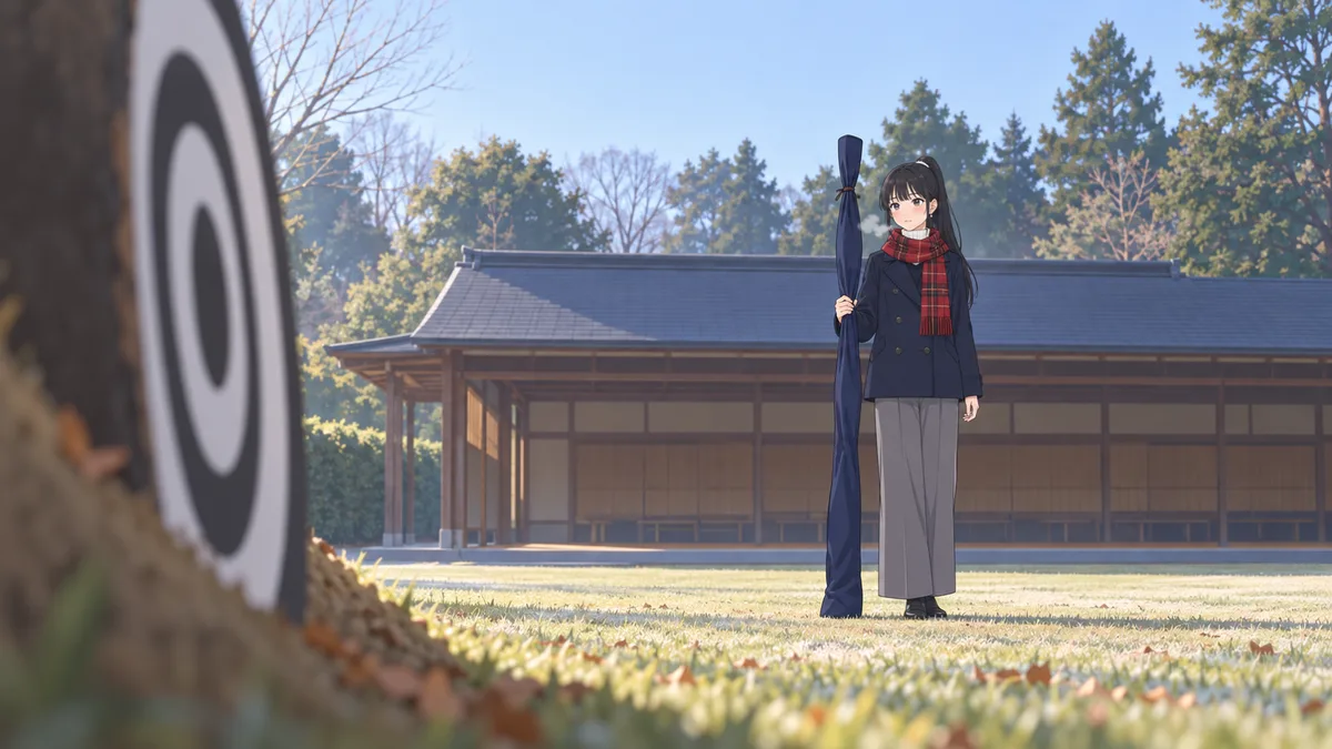 冷えた朝、弓道場の外の芝生で、伊緒が弓袋に入れた弓を立てて持ち、遠くの的をじっと見て狙いを定めている