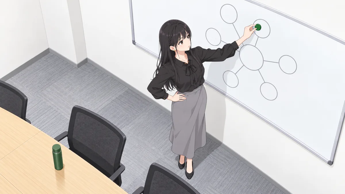 昼の会議室で、伊緒がホワイトボードに描いた丸の1つに緑のマグネットを置き、腰に手を当てて検索した人の知りたいことを考えている
