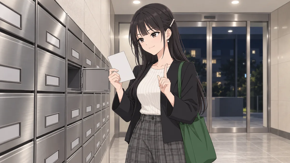 夜、マンションのエントランスの郵便受けの前で、伊緒が中に入っていたチラシを片手で取り出し、もう片方の手の人差し指を立てて、紙に広告を載せるのは禁止だと示している