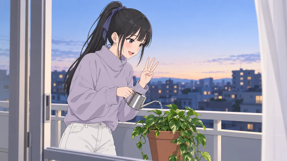 明け方のベランダで、伊緒がじょうろでポトスに水をやりながら、指を3本立てて「あと3日」と話しかけている