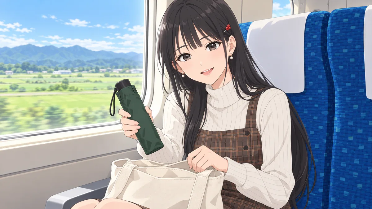 昼の新幹線の窓側の席で、窓の外は晴れているのに、伊緒がトートバッグから折りたたみ傘を取り出して、隣の席へ得意げに見せている