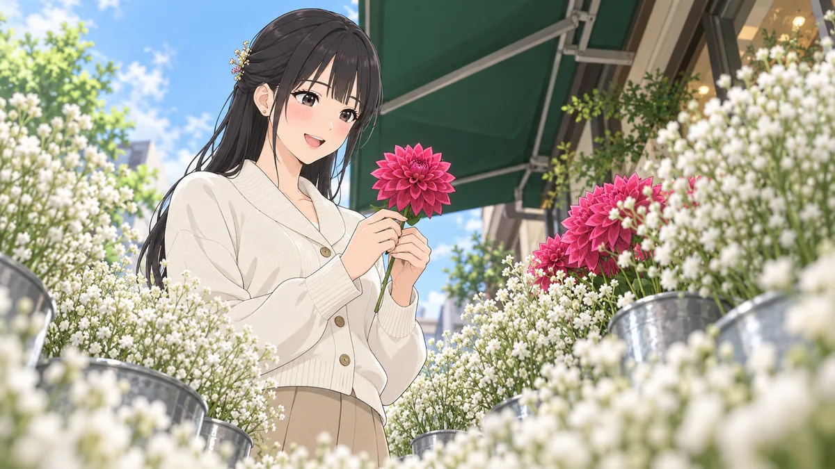 午前の花屋の店先で、白いカスミソウのバケツが並ぶ中から、伊緒が1つだけあった濃いピンクのダリアを1本抜き取り、うれしそうに胸の前で持っている