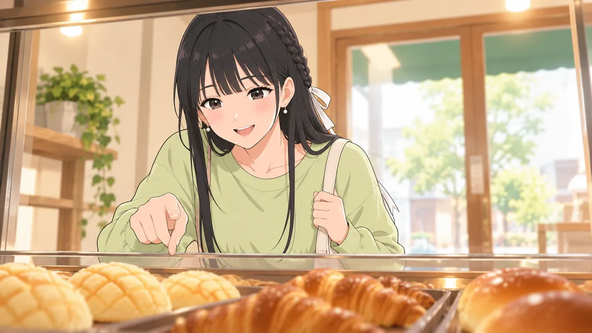朝のパン屋のショーケースの前で、伊緒が並んだばかりの焼きたてのパンを指さして、うれしそうに選んでいる