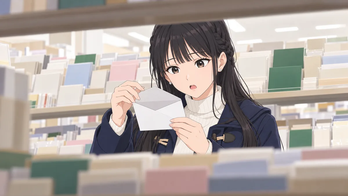 午前の文房具店のカードと便箋の棚の前で、伊緒が封筒の口を開けてのぞきこみ、中が空っぽだったことに目を丸くしている