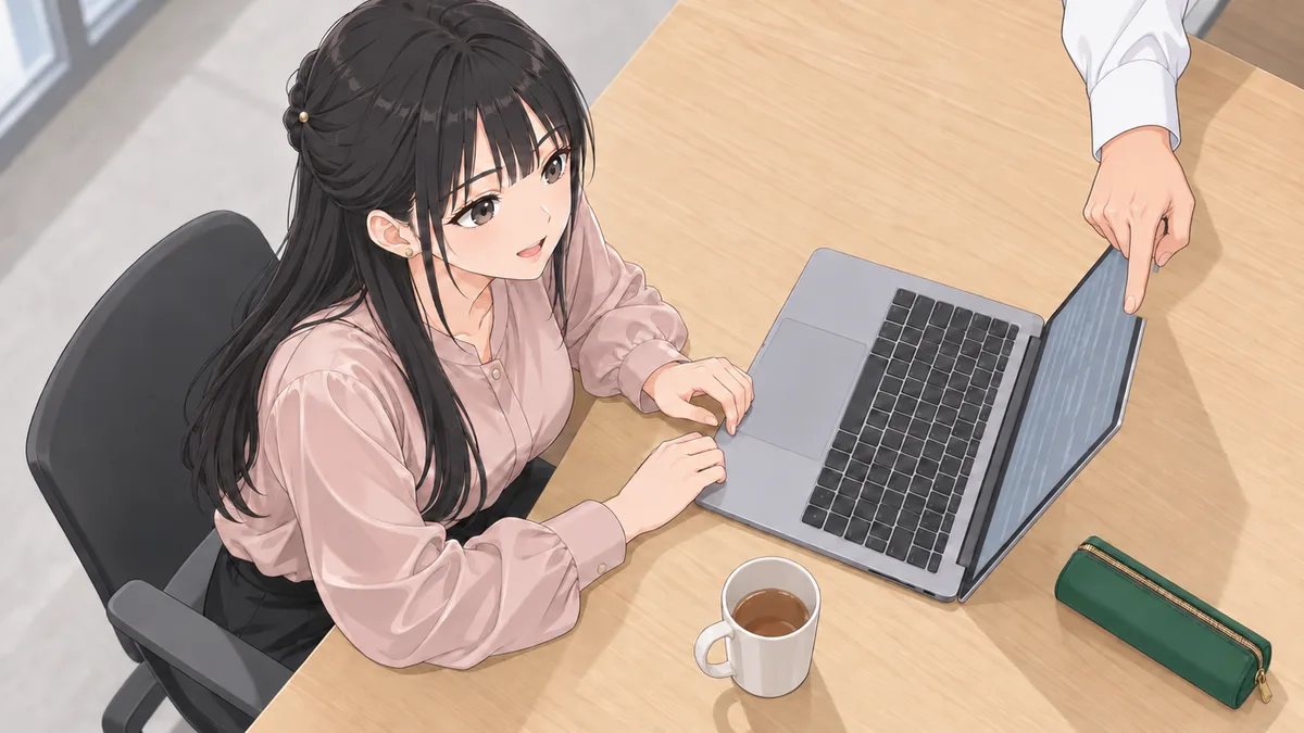 曇りの午後、オーナーの事務所の打ち合わせテーブルで、伊緒がノートPCを前に、横から伸びたオーナーの手が画面を指すのを見て「なるほど」とうなずいている