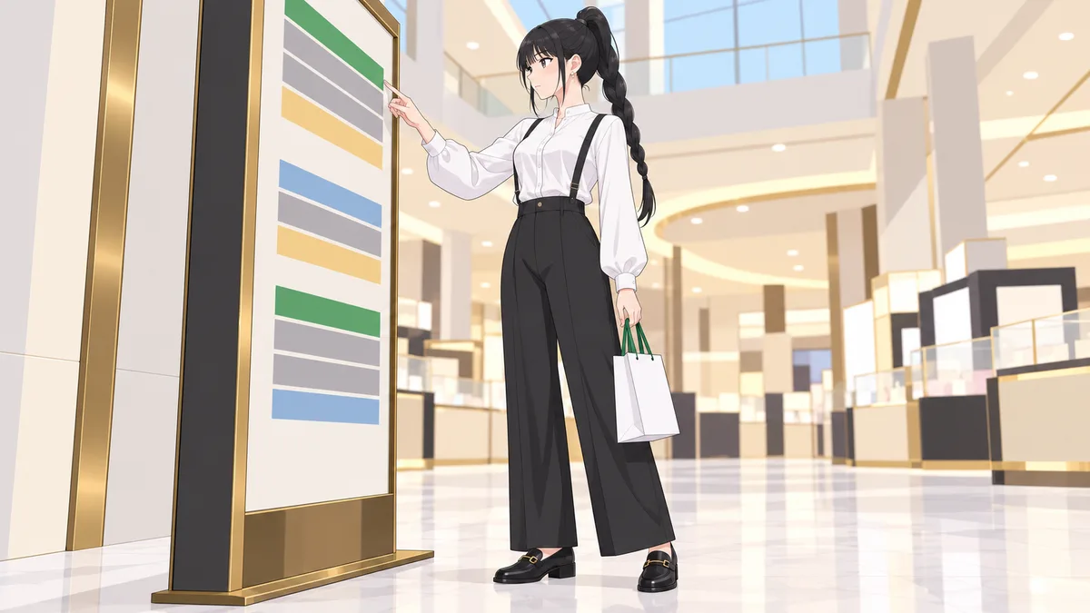 昼、デパートの1階のフロア案内の板の前で、伊緒が色分けされた売り場の帯を、上の段から指でたどって確かめている