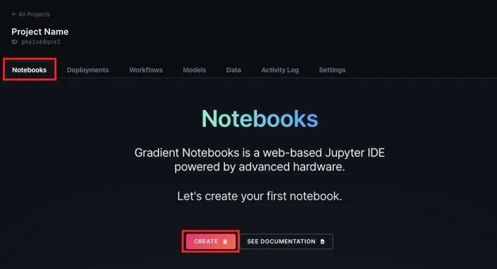 2023年当時の画面。NotebooksのタブとCREATEのボタン
