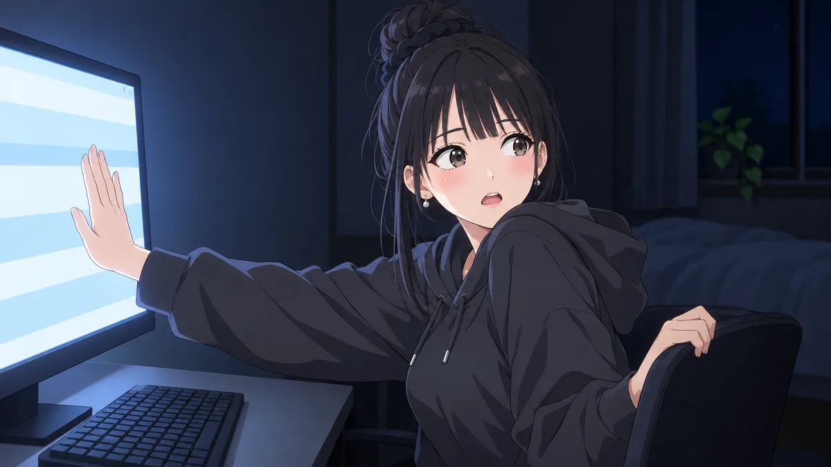 深夜、明かりを消した自分の部屋のデスクで、伊緒がモニターの画面を右手でとっさに隠し、後ろをふり返っている